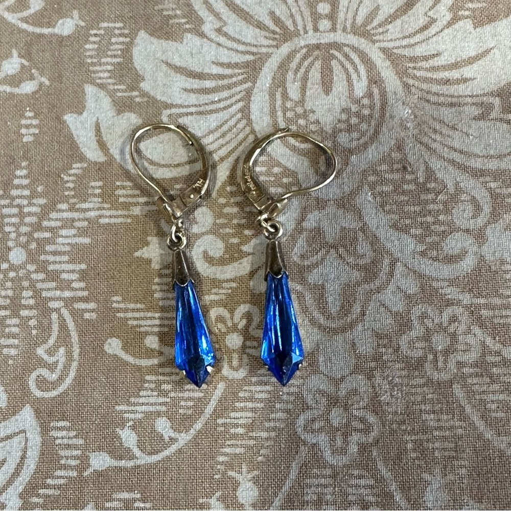 Vintage Artisan Roll Gold HV Long Drop Earring Blue Teardrop Leverback